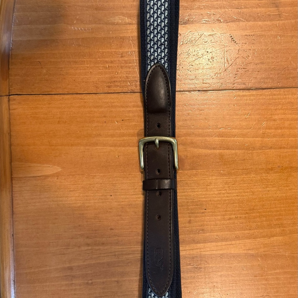 Vineyard Vines Navy Patterned Webbing Belt with Brown Leather Trim